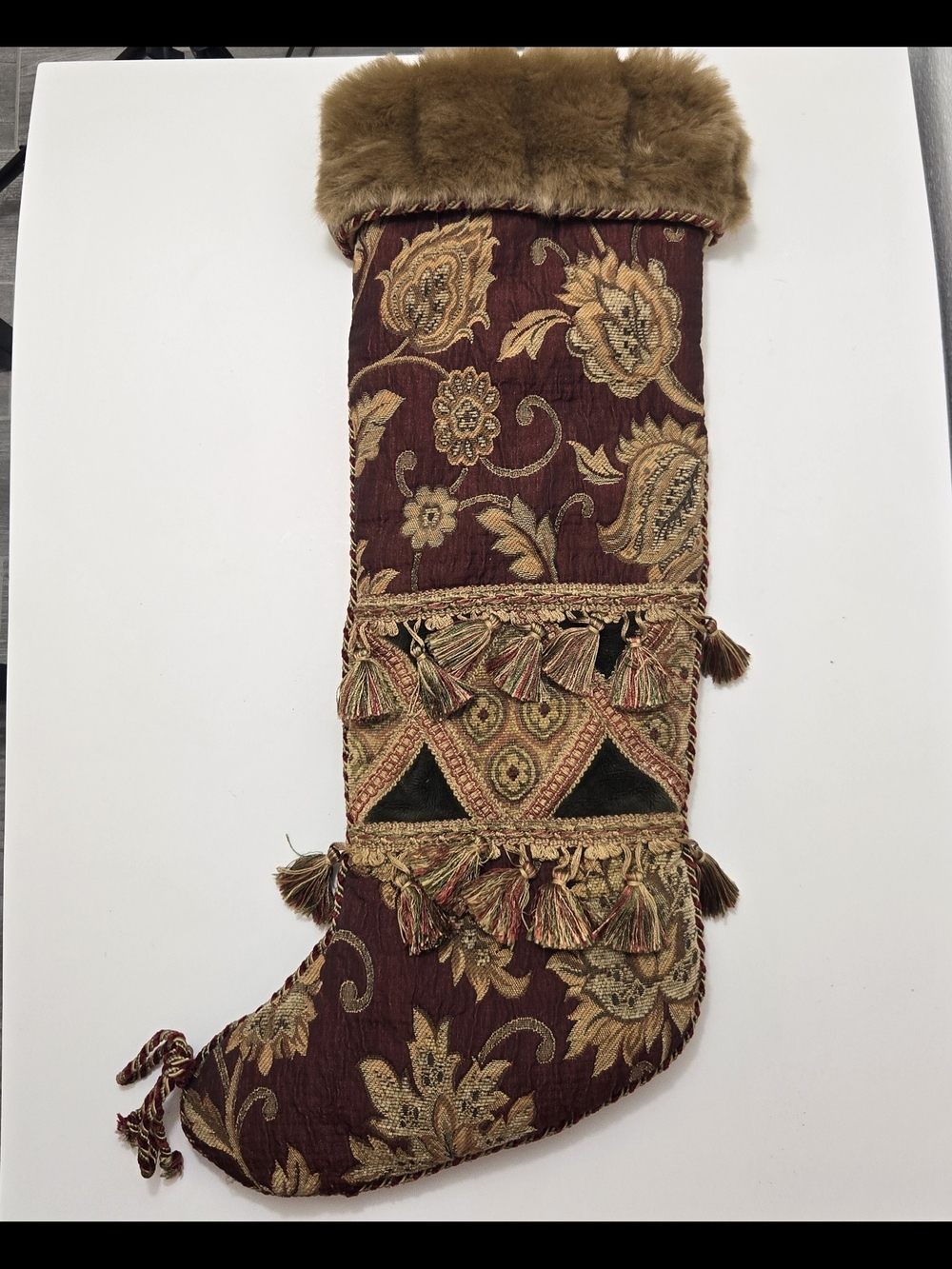 Serendipity Ornate Burgundy and Gold Holiday Stocking with Faux-Fur Cuff